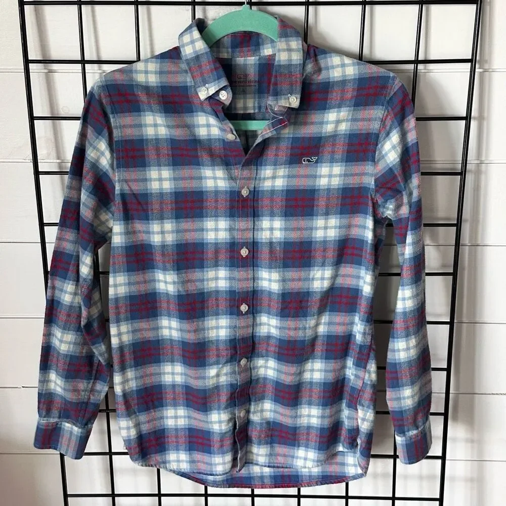 Vineyard Vines Plaid Flannel‎ Shirt Boys L Red/Navy/White Preppy Fall Classic